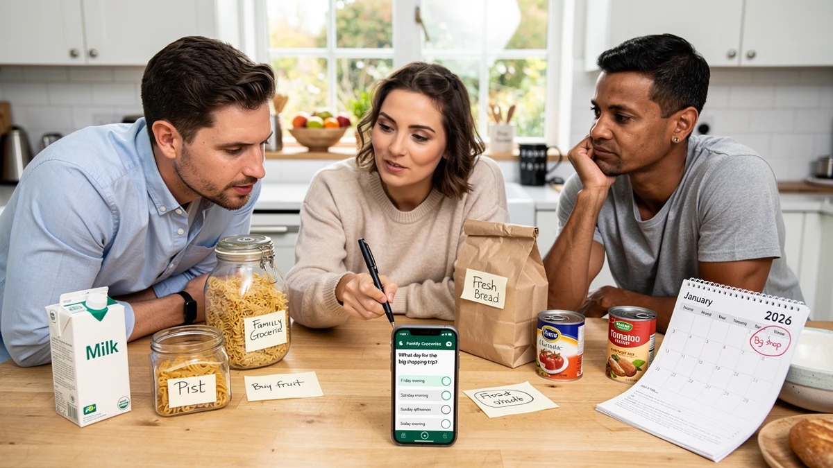 Mehrere Erwachsene planen am Küchentisch über eine WhatsApp-Gruppenumfrage.