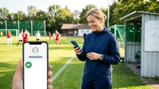 Kanäle, Vereine, Reichweite – Vereinsvorstand postet Vereinsnews über WhatsApp Kanäle auf dem Smartphone am Sportplatz