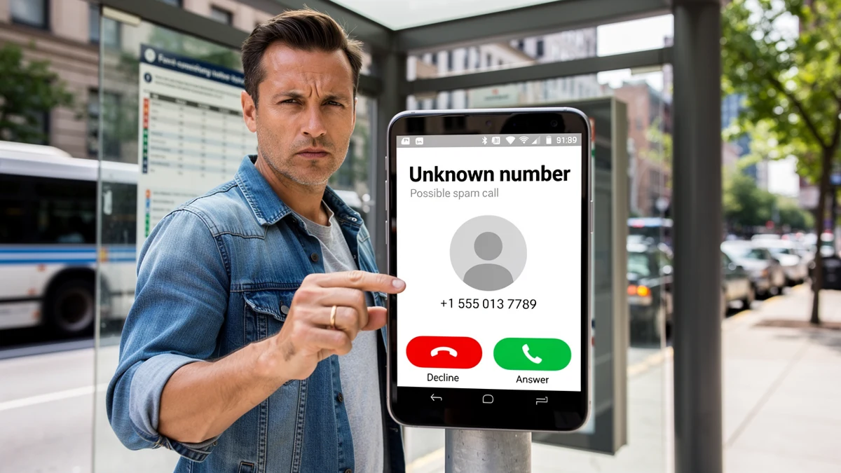 Eine Person prüft an einer Haltestelle einen Hinweis zu einem unbekannten Anruf.
