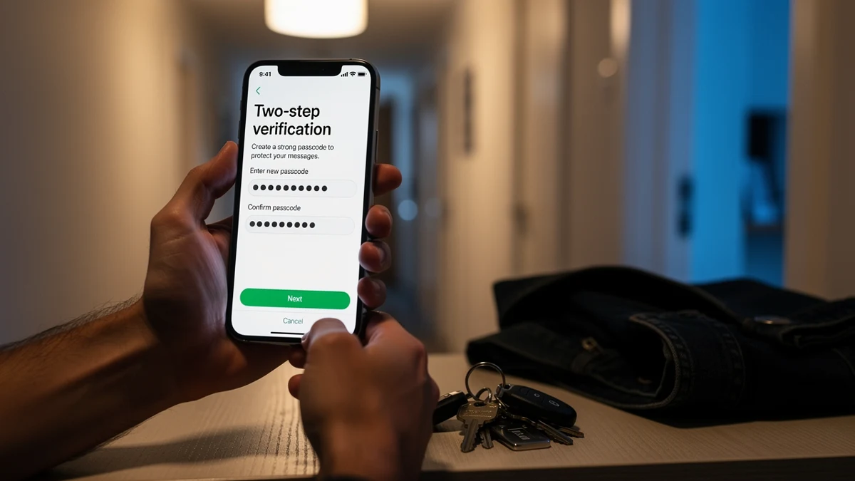 Eine Person richtet an der Wohnungstür ein längeres WhatsApp-Schutzpasswort ein.