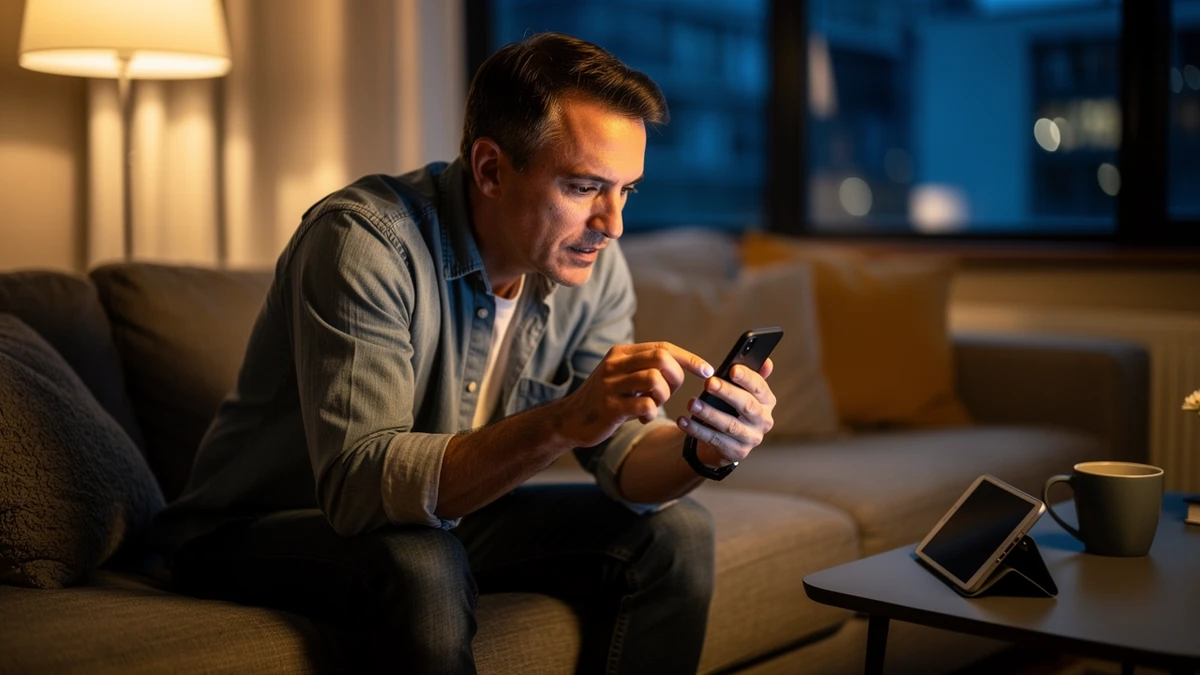 Mann entsperrt zu Hause sein Smartphone und prüft ein zweites Gerät.