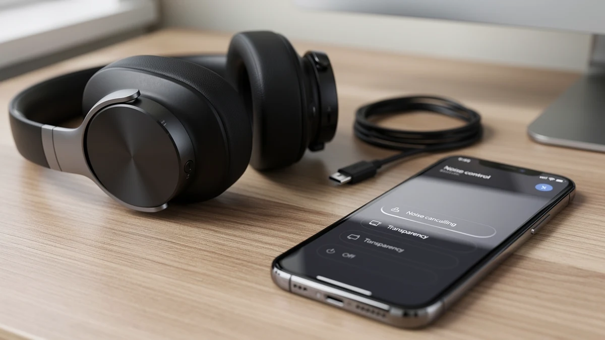 Over-Ear-Kopfhörer liegen neben einem Smartphone mit Geräuschmodi und Ladekabel.