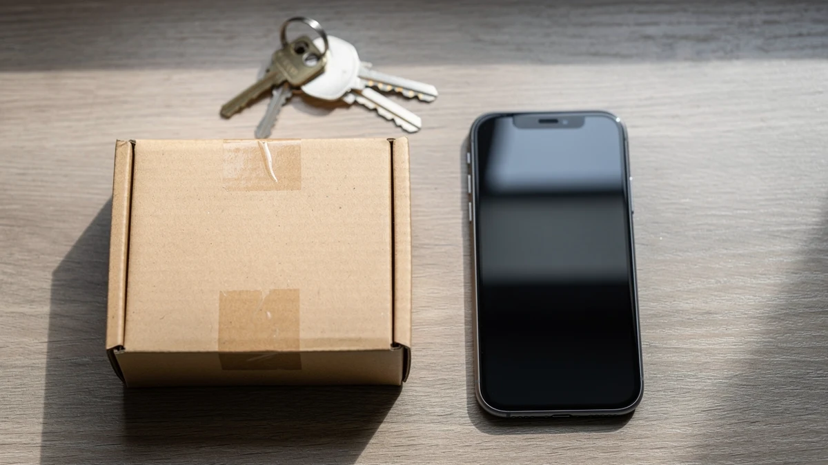 Ein Smartphone liegt mit verdecktem Display neben einem ungeöffneten Paket.