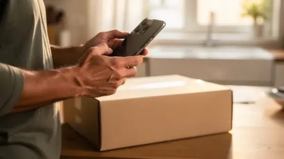 Eine Person prüft ein Paket und hält ein Smartphone mit verdecktem Display.