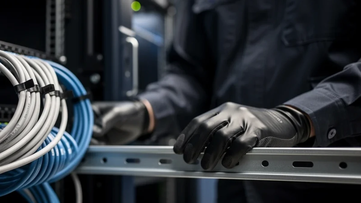 Ein Techniker kontrolliert sauber geführte Glasfaserkabel an einem Netzwerkschrank.