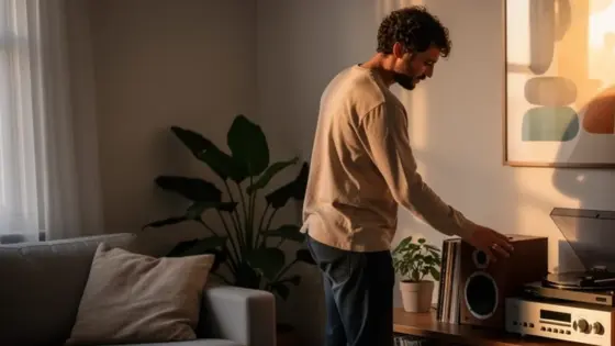 Eine Person wählt zuhause Musik an einer kompakten Audioanlage aus.