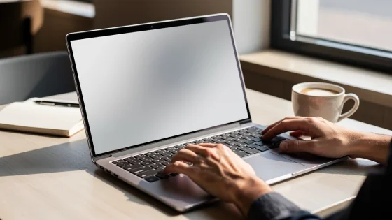 KI-generierte Illustration eines kompakten dünnen Laptops in einer natürlichen mobilen Arbeitssituation