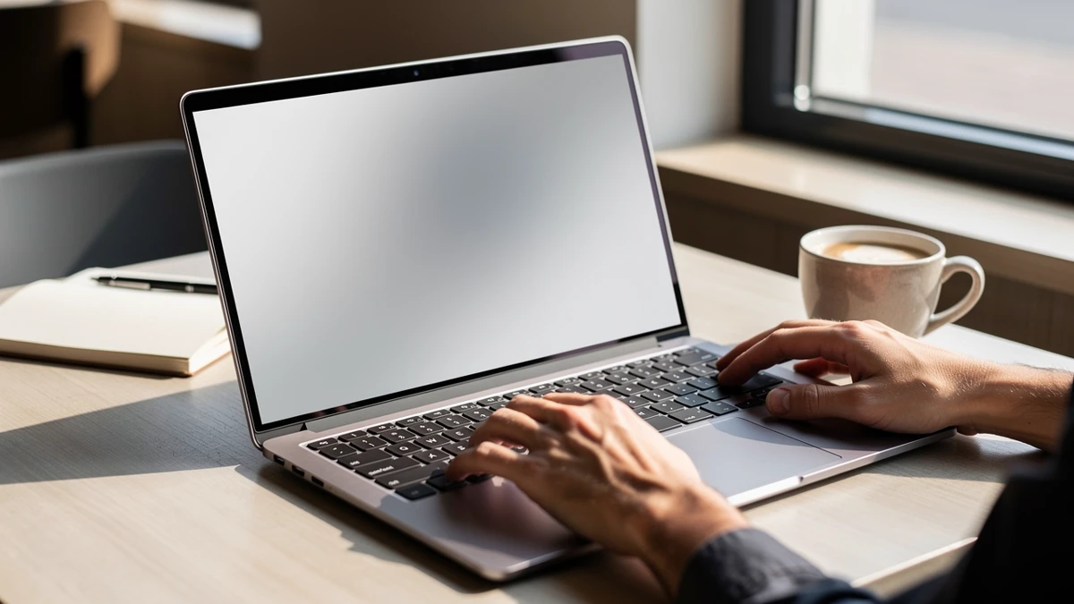 KI-generierte Illustration eines kompakten dünnen Laptops in einer natürlichen mobilen Arbeitssituation