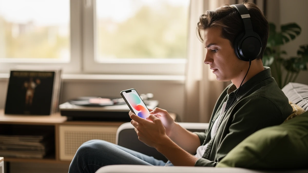 KI-generierte Illustration einer Person mit Kopfhörern und Smartphone in einer eindeutigen Hörsituation