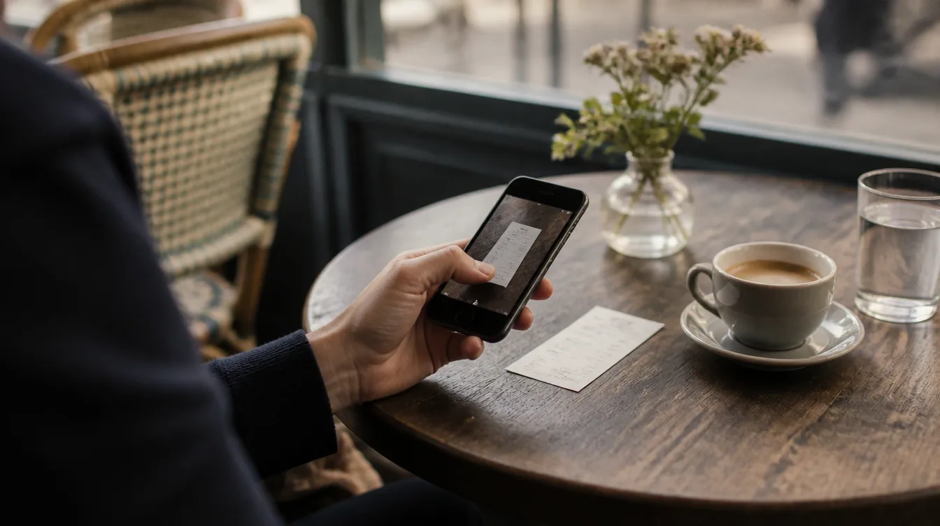Hand hält Smartphone über Café-Rechnung