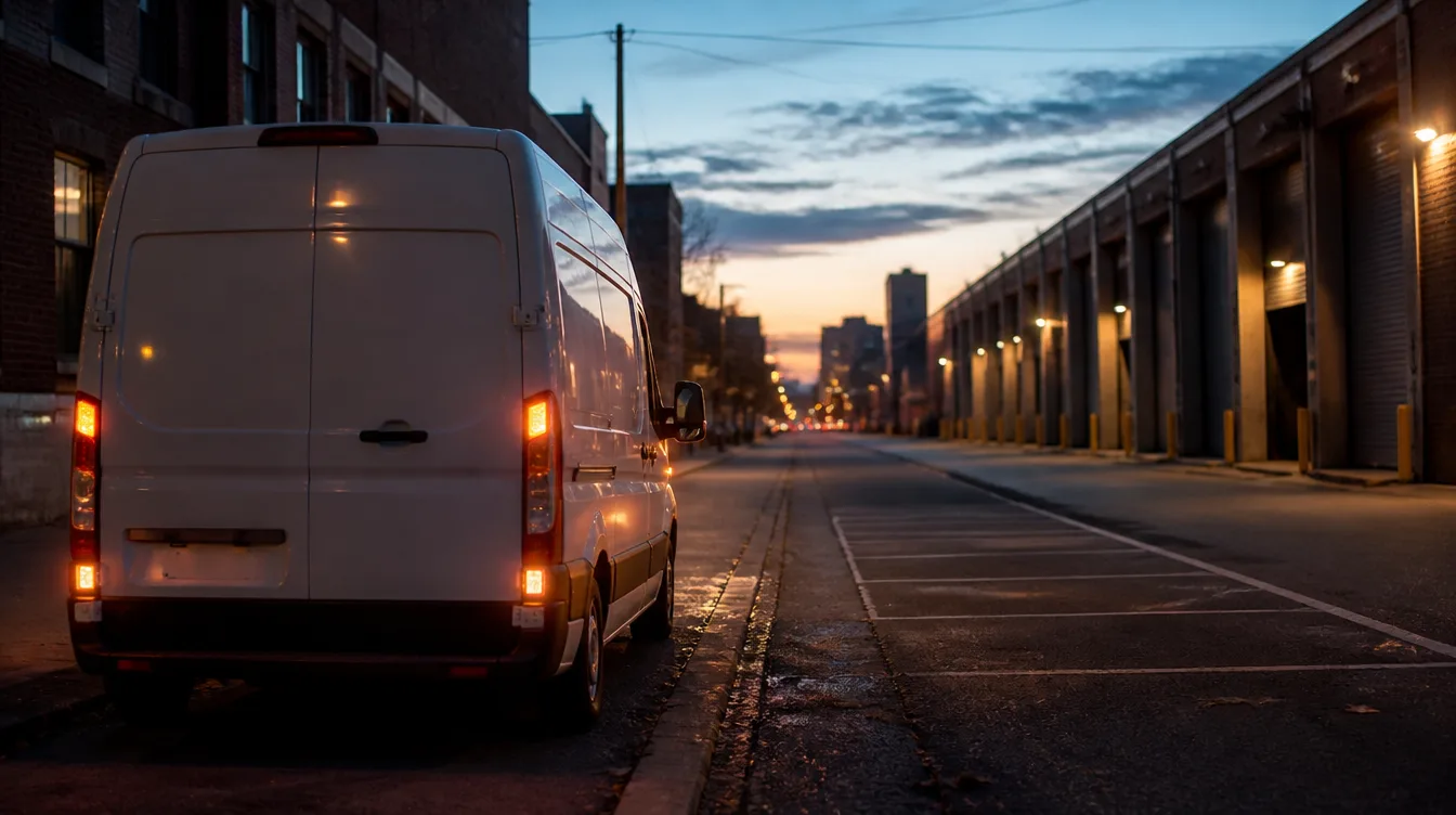 Lieferwagen am Straßenrand in der Dämmerung