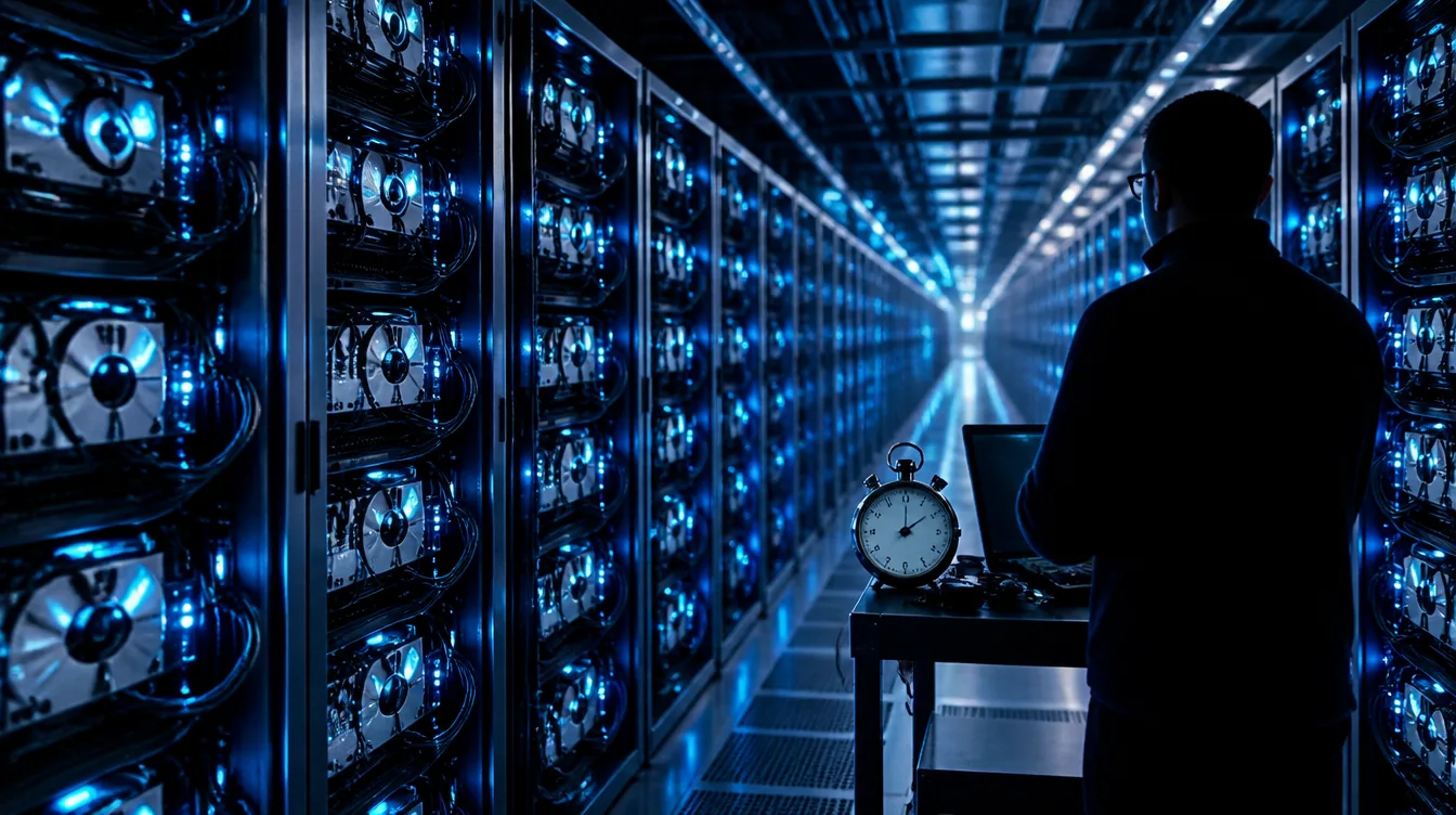 Datacenter-Gang mit GPU-Racks und Stoppuhr