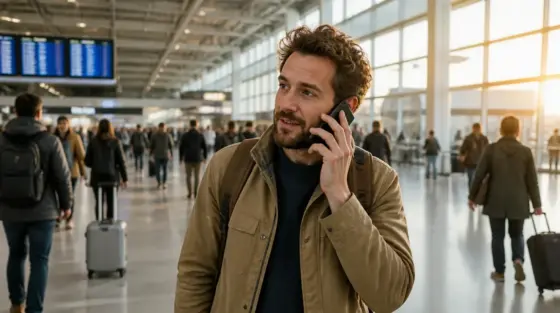 Person hält Smartphone ans Ohr in Flughafenhalle