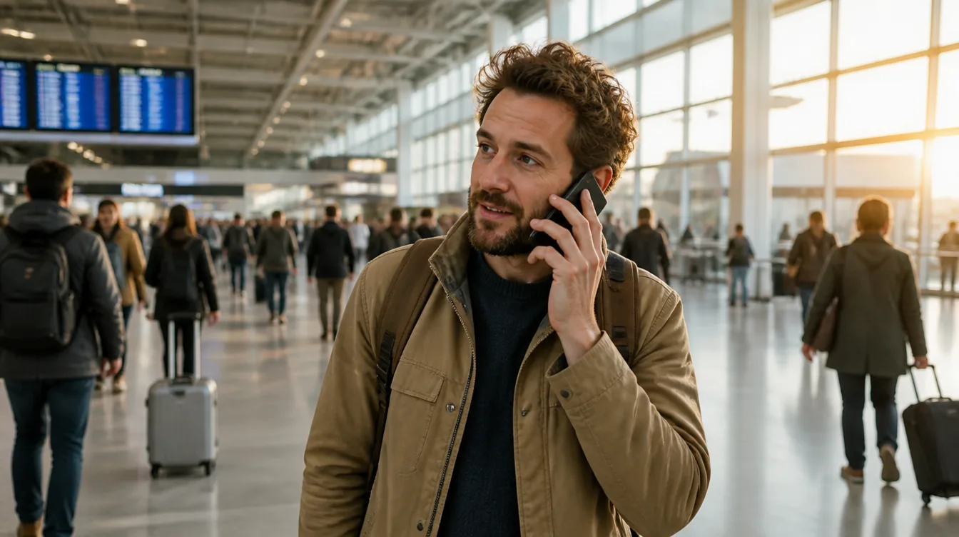 Person hält Smartphone ans Ohr in Flughafenhalle