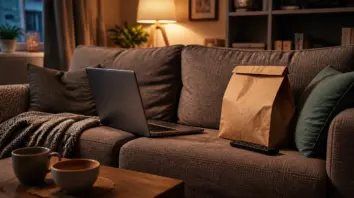 Wohnzimmer-Sofa mit Laptop und Lieferbeutel