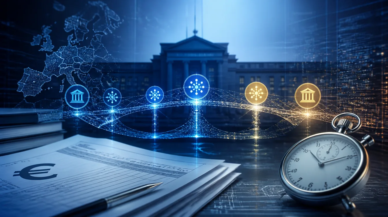 Zentralbank-Silhouette mit Token-Brücken und Stoppuhr