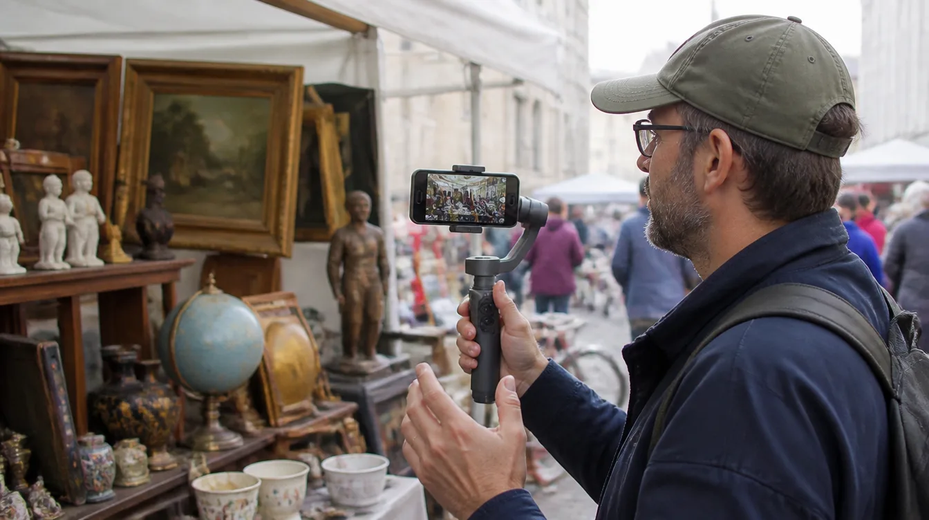 Vids: Person filmt mit Smartphone am Flohmarktstand