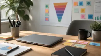 AI Max: Schreibtisch mit Laptop und Notizen
