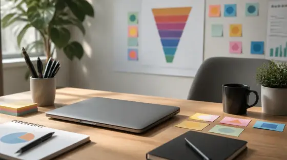 AI Max: Schreibtisch mit Laptop und Notizen