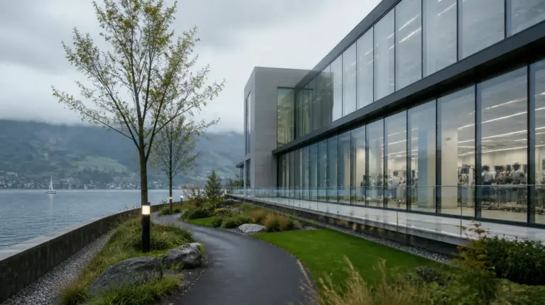 IBM Quantum: Glasgebäude am See unter bewölktem Himmel