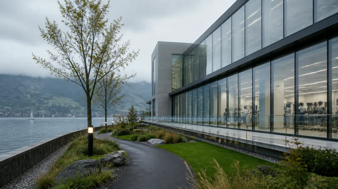 IBM Quantum: Glasgebäude am See unter bewölktem Himmel