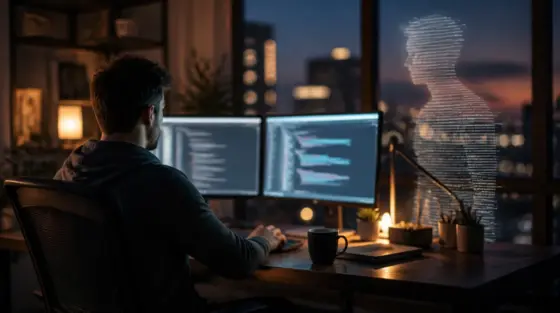 Copilot: Schreibtisch mit zwei Monitoren abends