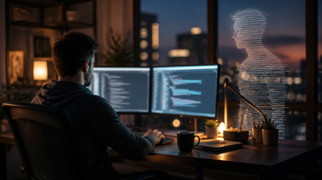 Copilot: Schreibtisch mit zwei Monitoren abends