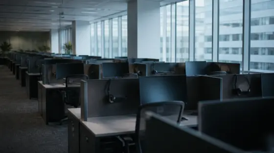 Leerer Kundenservice-Arbeitsplatz mit Headsets als Symbol für Automatisierung