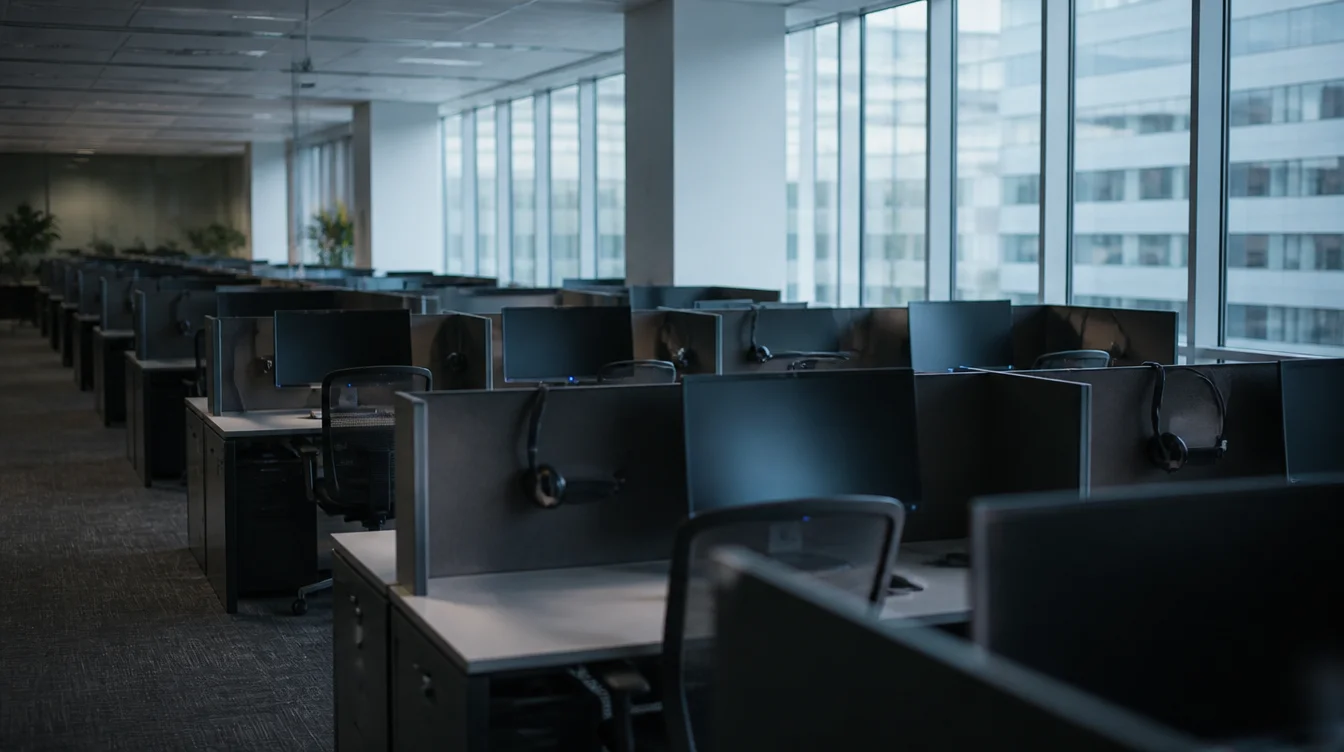 Leerer Kundenservice-Arbeitsplatz mit Headsets als Symbol für Automatisierung
