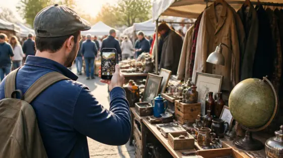 Shorts: Person filmt mit Smartphone am Flohmarktstand