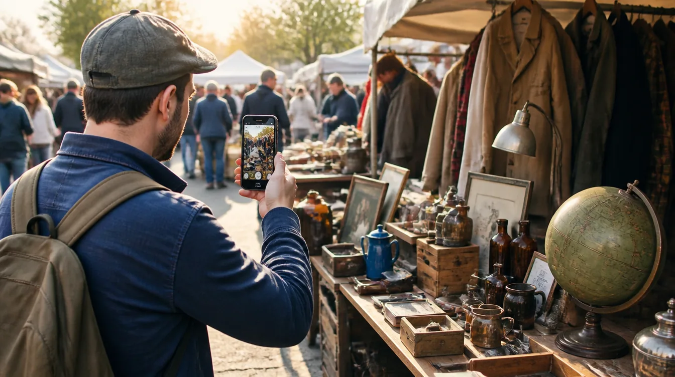 Shorts: Person filmt mit Smartphone am Flohmarktstand