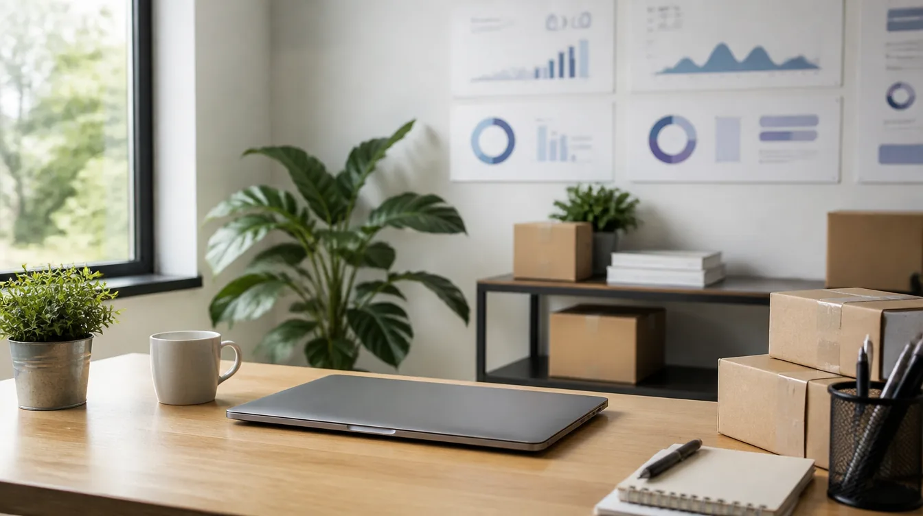 Amazon: Schreibtisch mit Laptop und abstrakten KPI-Karten