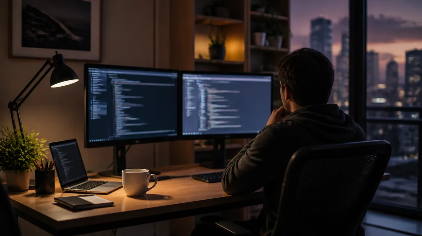 Copilot: Dual-Monitor-Schreibtisch abends ohne UI-Text