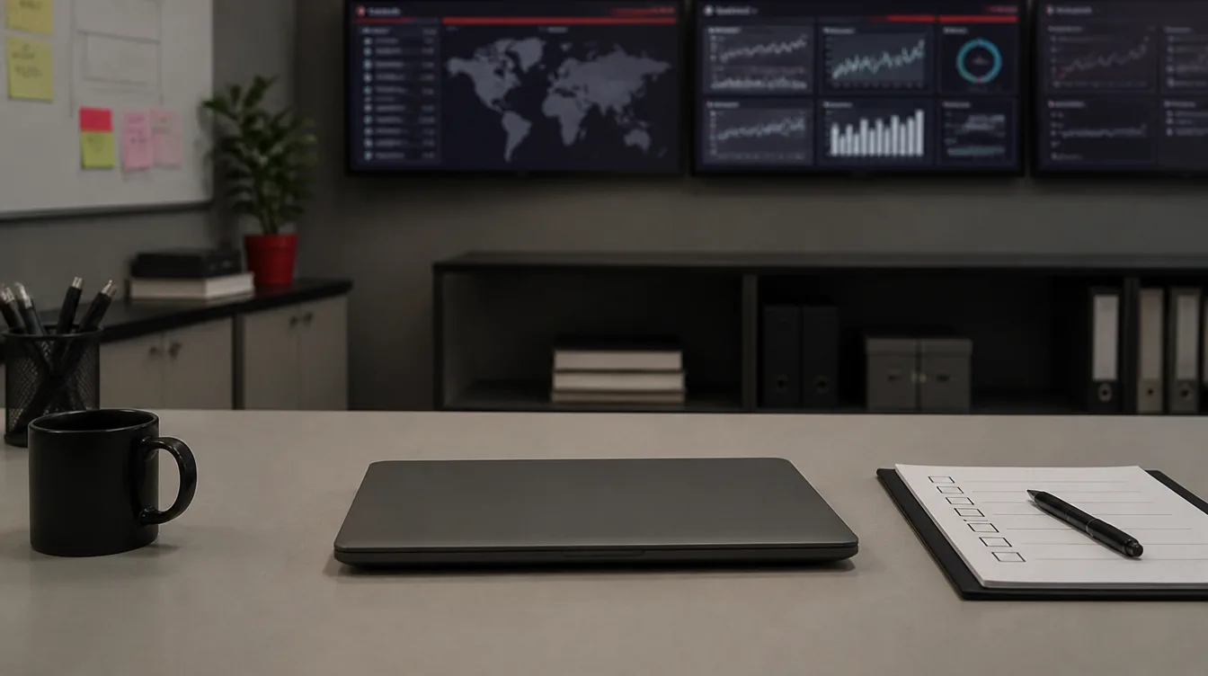 KEV: Security-Desk mit Checkliste und geschlossenem Laptop
