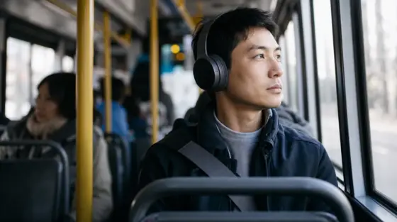 YouTube: Person mit Kopfhörern im Bus bei weichem Morgenlicht