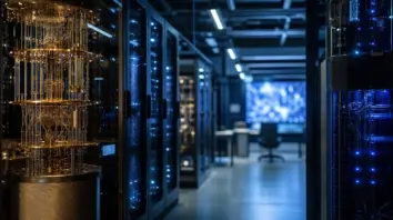 IonQ: Research-Halle mit kühlem blauem Rack-Licht