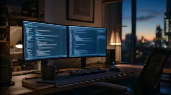 Copilot: Dual-Monitor-Schreibtisch abends ohne UI-Text