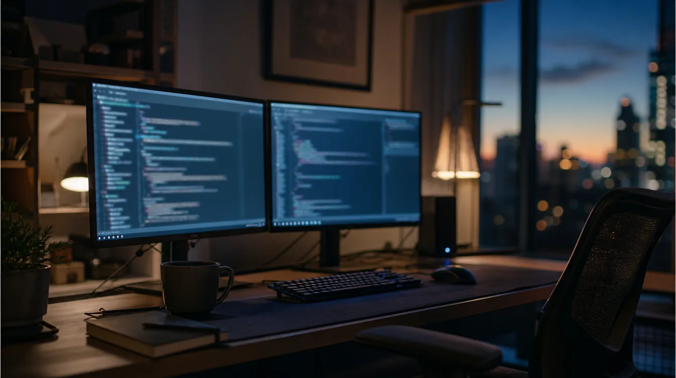 Copilot: Dual-Monitor-Schreibtisch abends ohne UI-Text