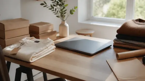 Adobe: Schreibtisch mit Produktfoto und geschlossenem Laptop, weiches Tageslicht
