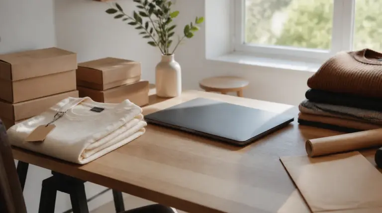 Adobe: Schreibtisch mit Produktfoto und geschlossenem Laptop, weiches Tageslicht