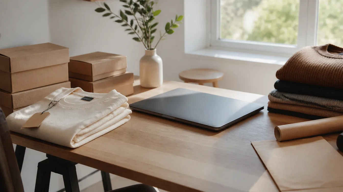 Adobe: Schreibtisch mit Produktfoto und geschlossenem Laptop, weiches Tageslicht