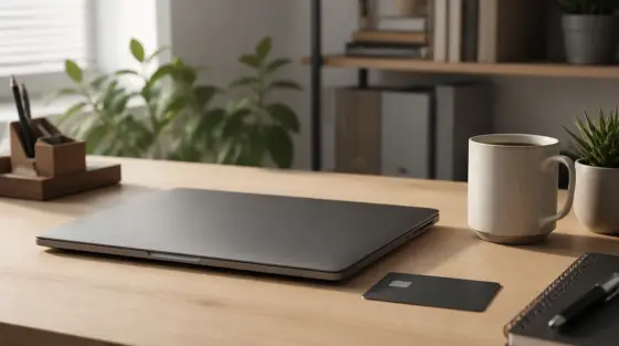 Shopify: Schreibtisch mit Kreditkarte und geschlossenem Laptop
