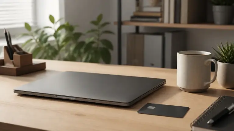 Shopify: Schreibtisch mit Kreditkarte und geschlossenem Laptop