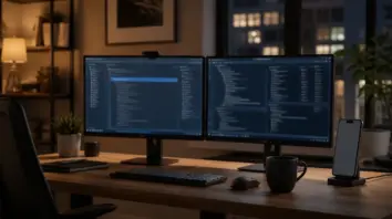 Android: Developer-Desk mit Emulator-Silhouette und softem Monitorlicht
