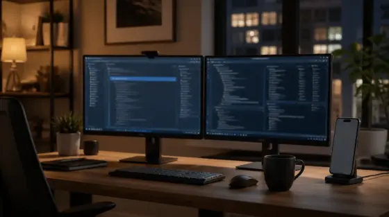 Android: Developer-Desk mit Emulator-Silhouette und softem Monitorlicht