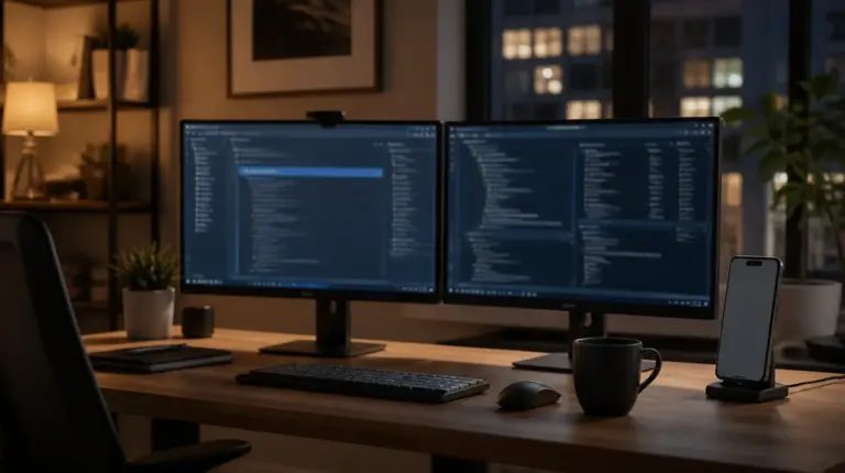 Android: Developer-Desk mit Emulator-Silhouette und softem Monitorlicht