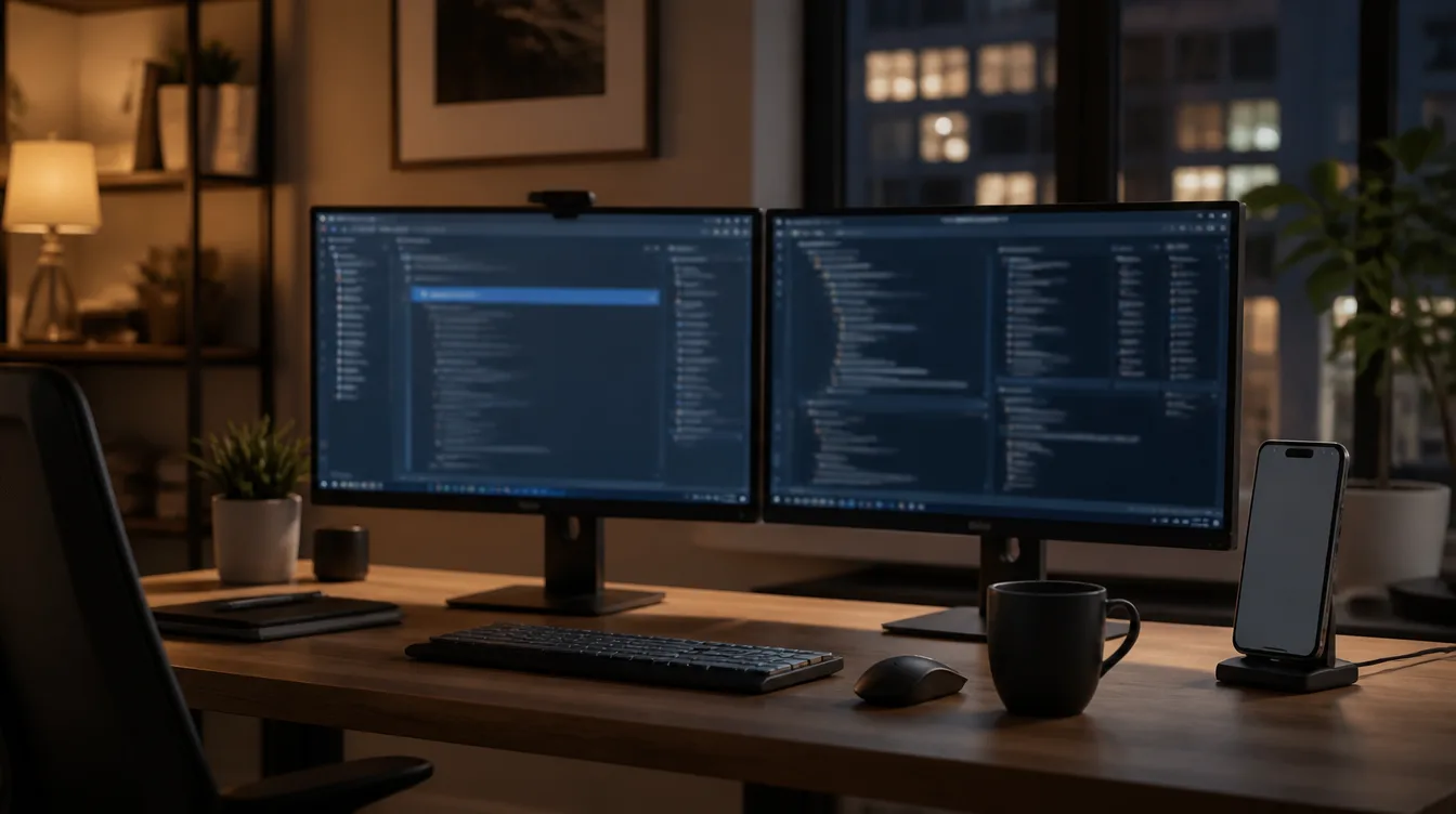 Android: Developer-Desk mit Emulator-Silhouette und softem Monitorlicht