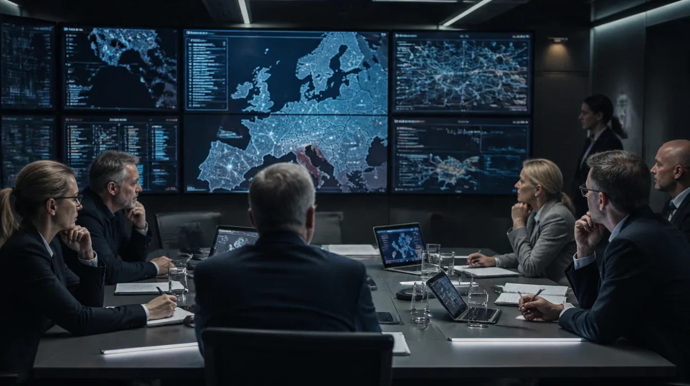 ENISA: Cybersecurity-Briefing-Tisch mit abstrakter Threat-Map