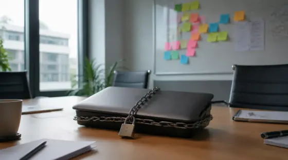 SAP: Geschlossener Laptop mit Sandbox-Notizen im Boardroom-Licht
