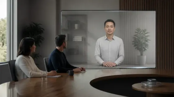 Beam im Besprechungsraum mit lebensgroßem Gegenüber auf dem Display